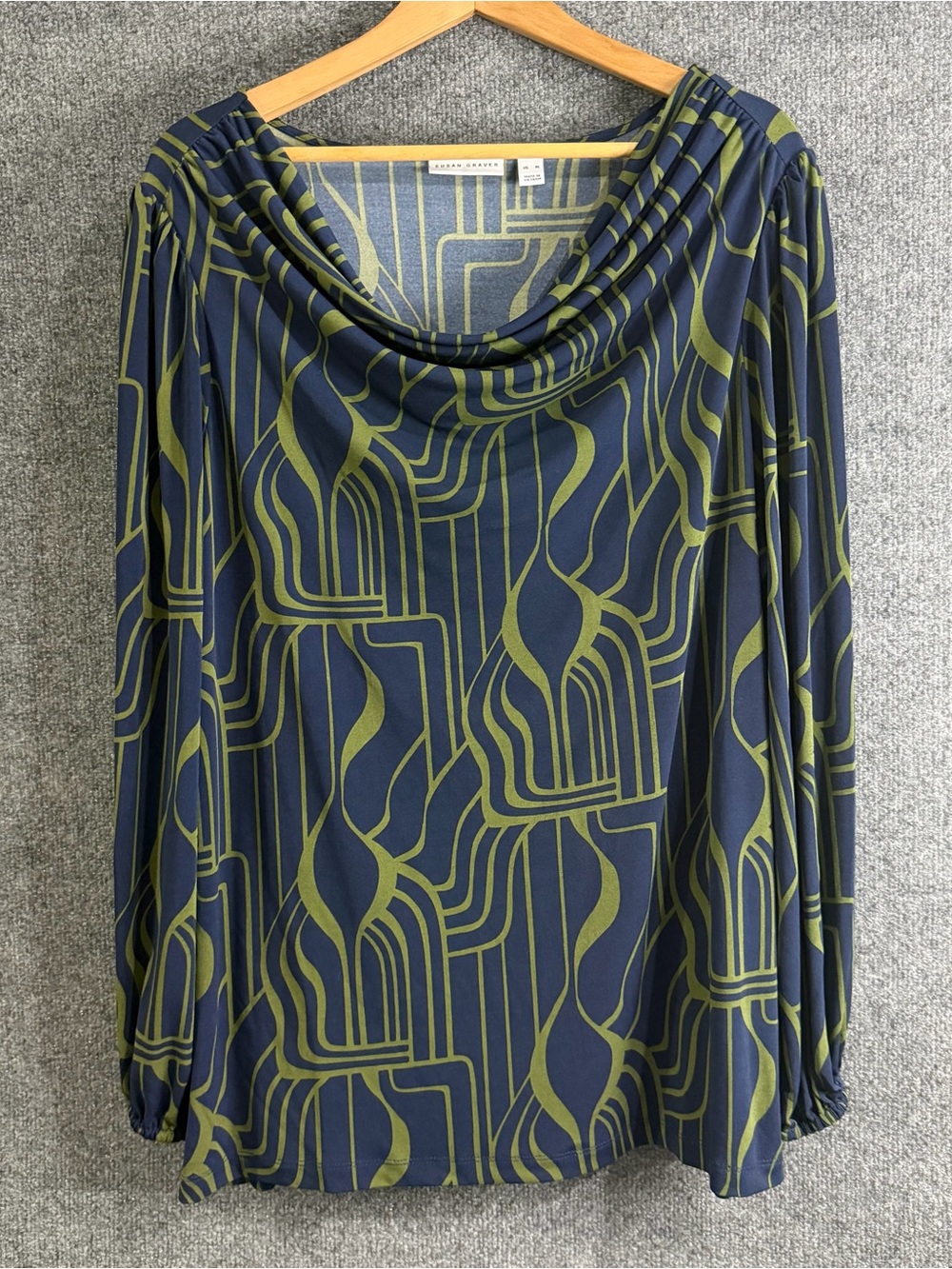 Susan Graver XL Liquid Knit Geometric Abstract Print Cowl Neck Long Sleeve Top